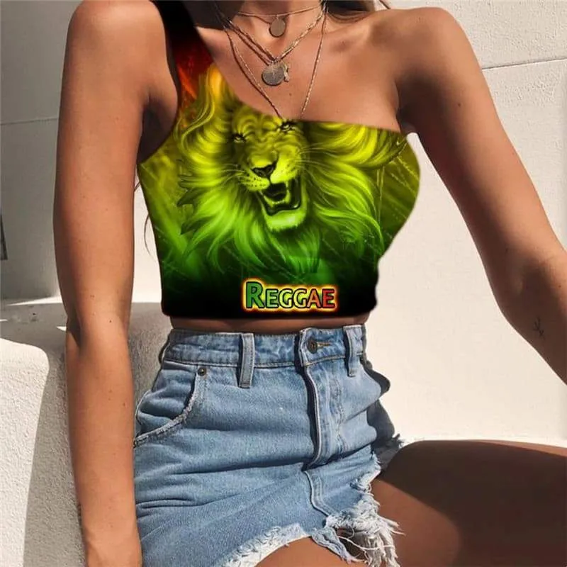 Lion Vest Tops Women Animal Sleeveless Shirt Anime One Shoulder Crop Colorful Midriff T shirt Green Tees Graphic