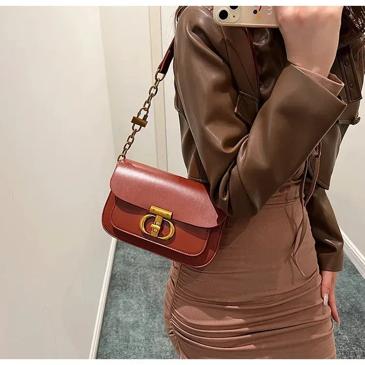 Luxury Eco Leather Crossbody Bag with Chain Metal Letter Lock
