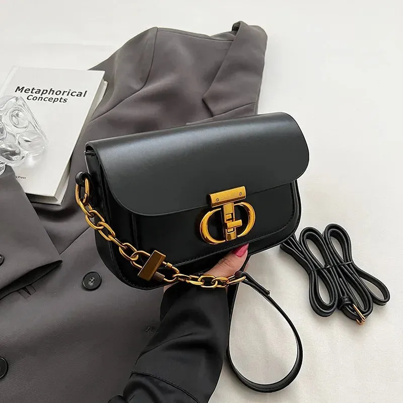 Luxury Eco Leather Crossbody Bag with Chain Metal Letter Lock