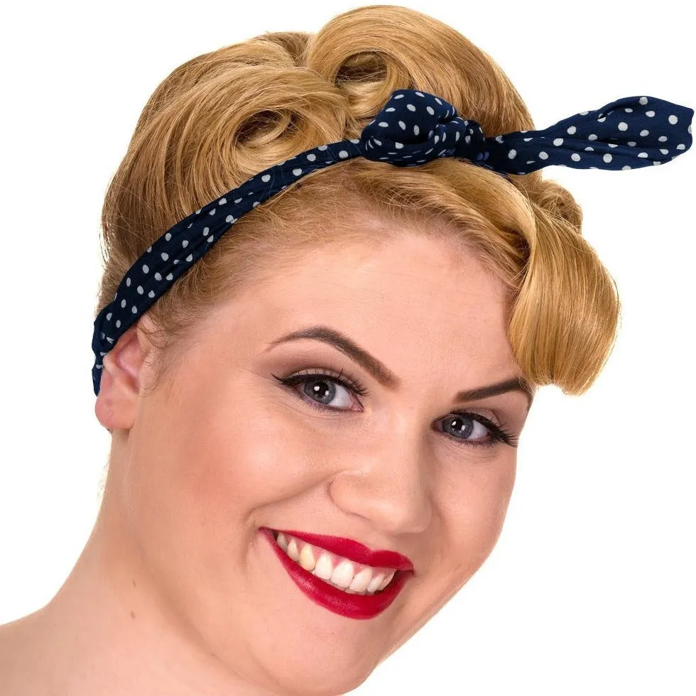 Navy And White Polka Dot Print Vintage Headscarf
