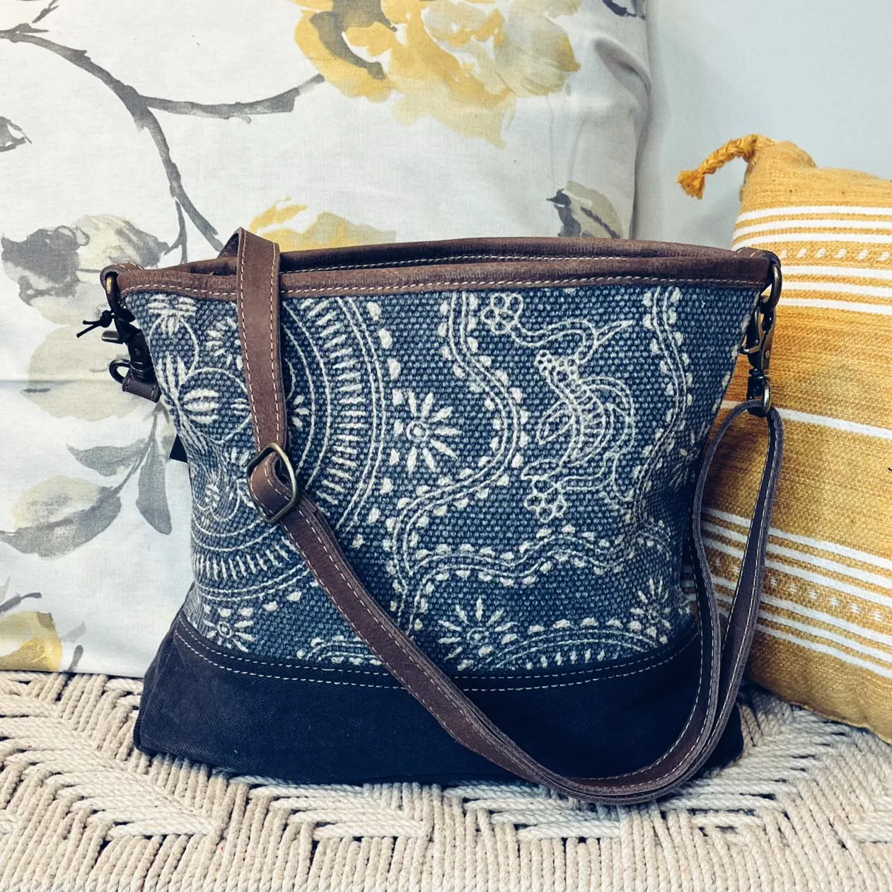 Navy Shores Canvas and Leather Shoulder Bag