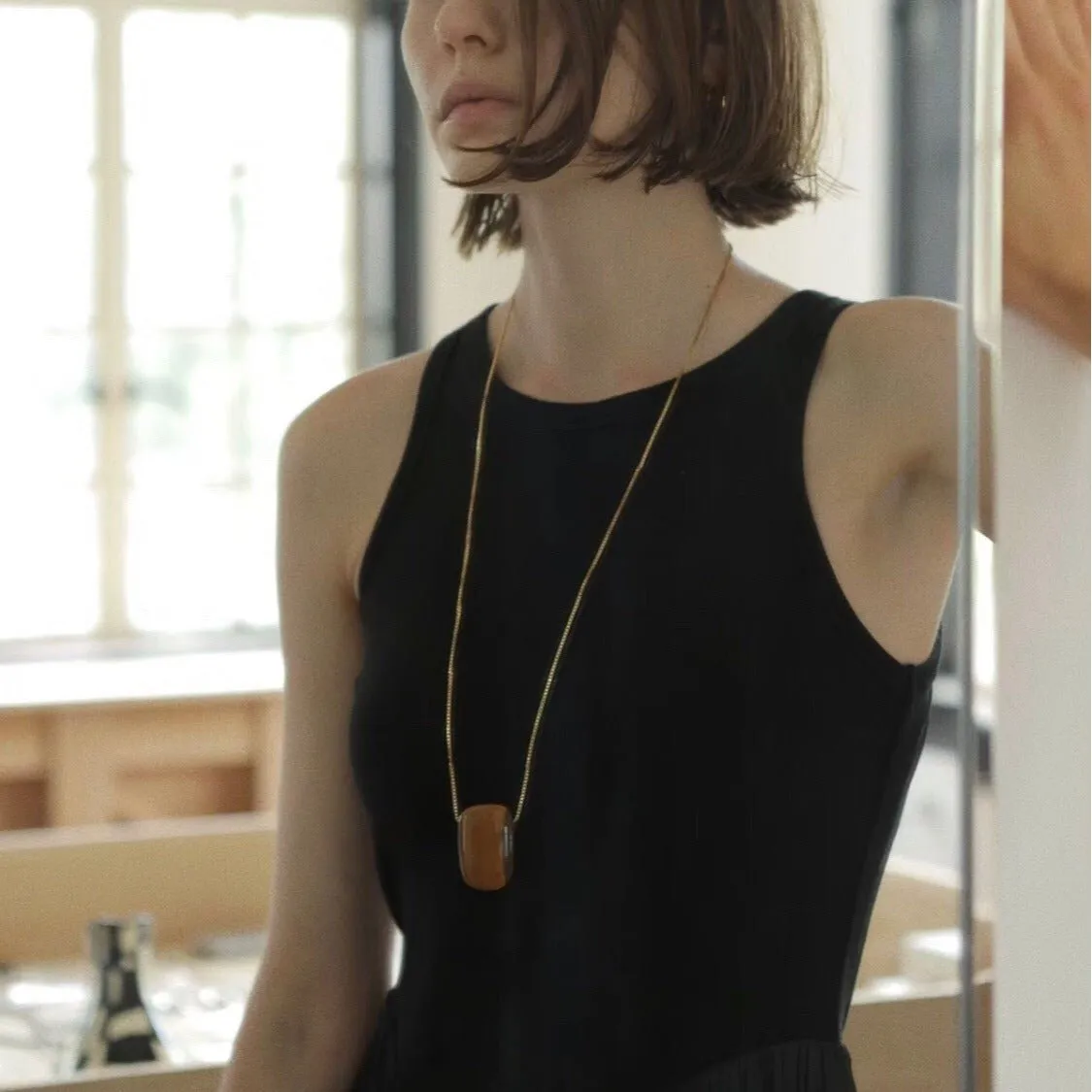 Niche Square Tiger's Eye Stone Obsidian Long Chain Necklace