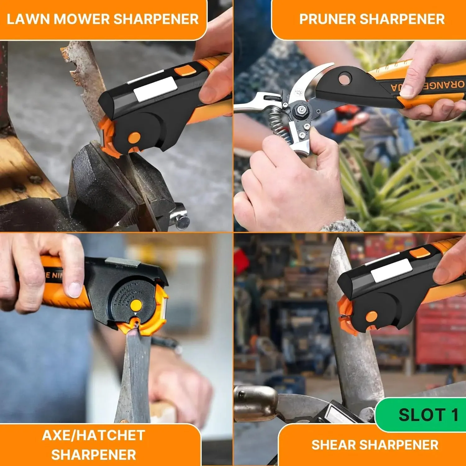 Orange Ninja All-in-1 Garden Tool & Knife Sharpener for Lawn Mower Blade