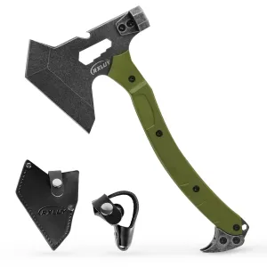 RXLUY Tactical Axe with G10 Handle Camping Survival Hatchet, Multifunctional Hiking Outdoor Heavy Duty Full Tang Tomahawk Tools with Hammer, Unique Design Crowbar, Leather Sheath (Green)