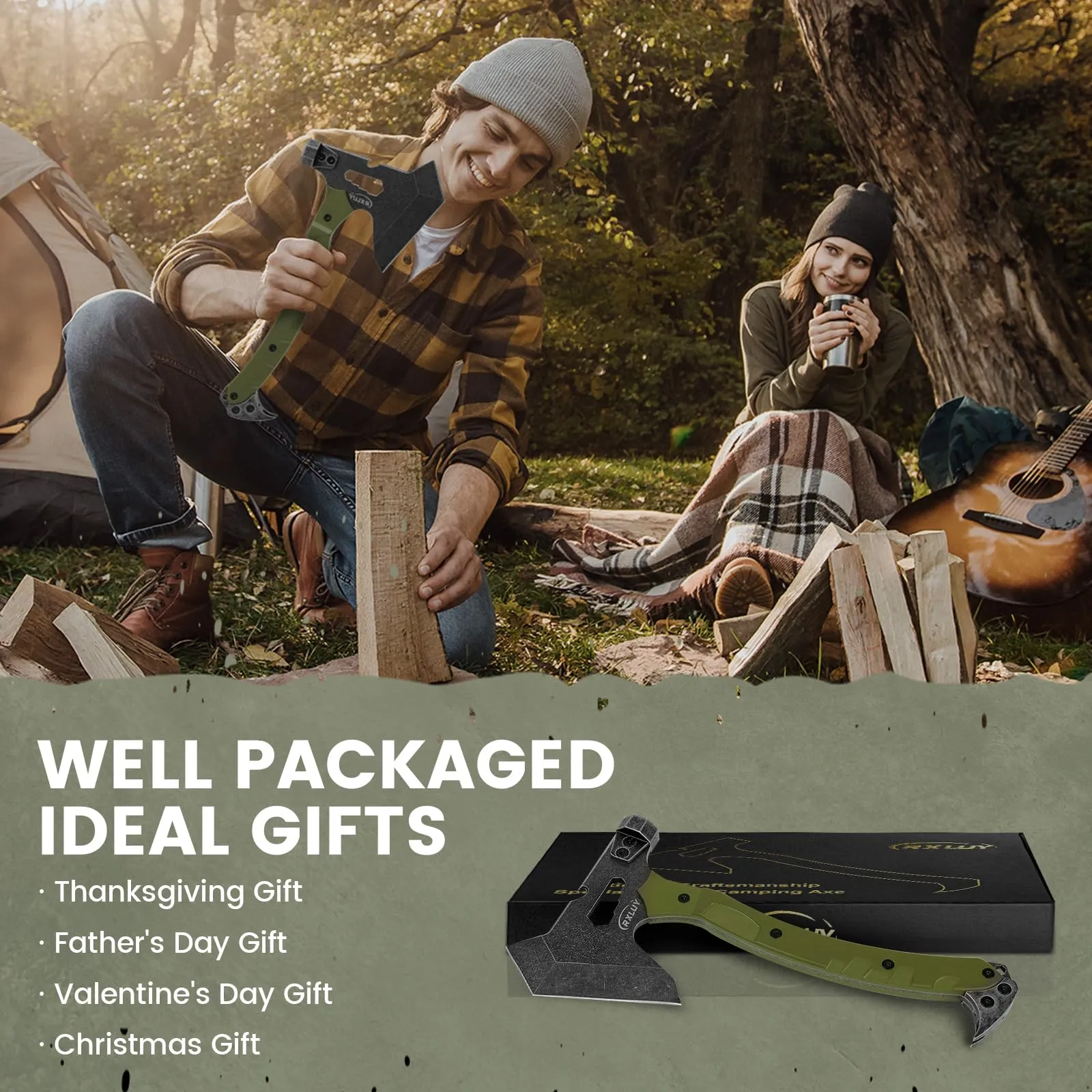 RXLUY Tactical Axe with G10 Handle Camping Survival Hatchet, Multifunctional Hiking Outdoor Heavy Duty Full Tang Tomahawk Tools with Hammer, Unique Design Crowbar, Leather Sheath (Green)