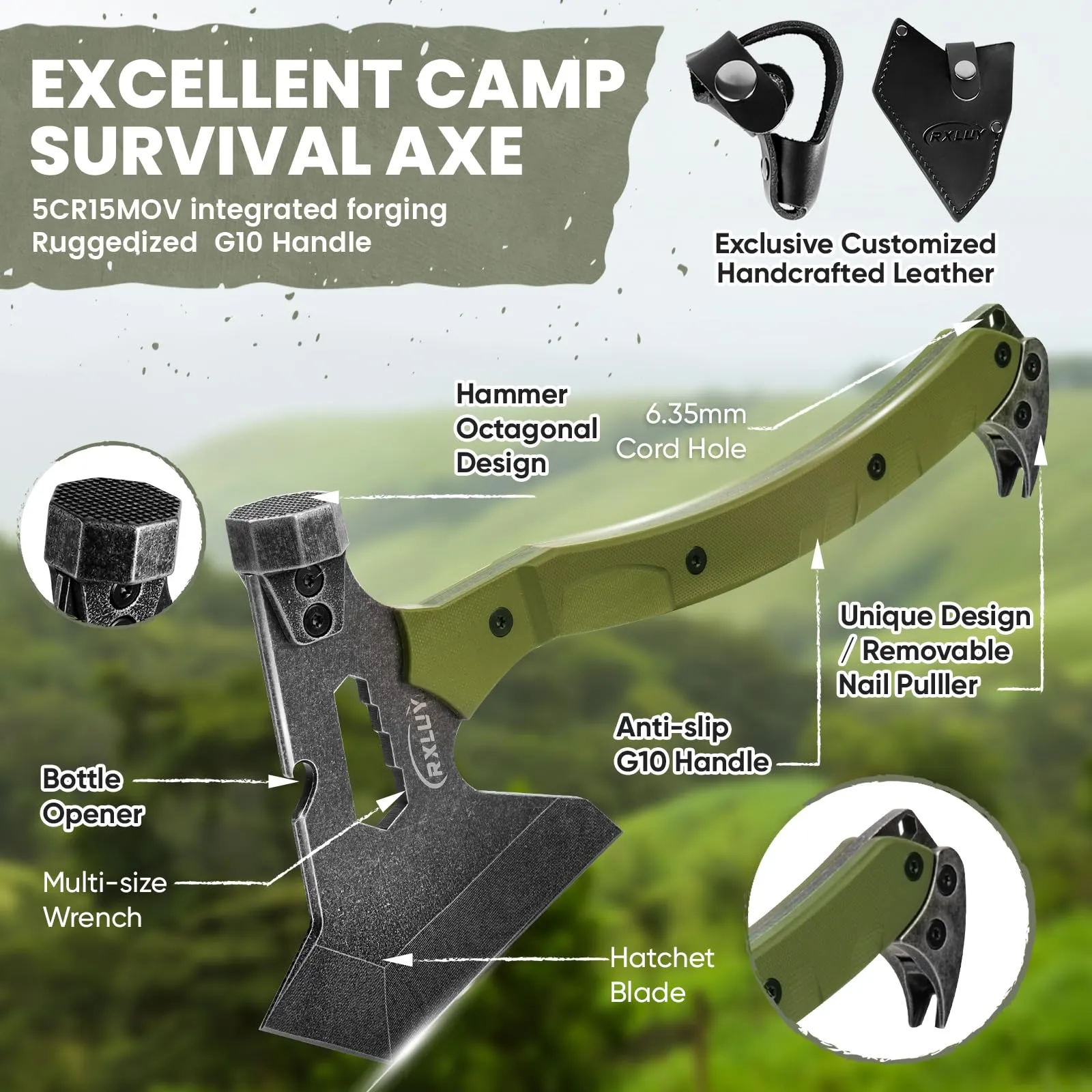 RXLUY Tactical Axe with G10 Handle Camping Survival Hatchet, Multifunctional Hiking Outdoor Heavy Duty Full Tang Tomahawk Tools with Hammer, Unique Design Crowbar, Leather Sheath (Green)