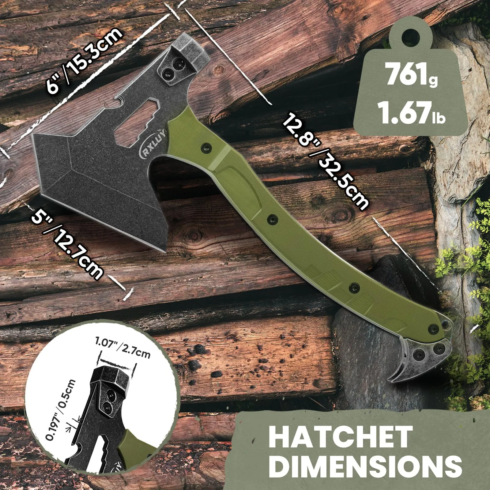 RXLUY Tactical Axe with G10 Handle Camping Survival Hatchet, Multifunctional Hiking Outdoor Heavy Duty Full Tang Tomahawk Tools with Hammer, Unique Design Crowbar, Leather Sheath (Green)