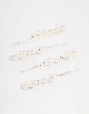 Silver Pearl Mini Flower Hair Clip 4-Pack