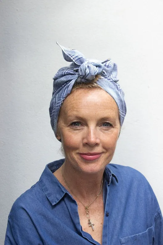 Sky Blue Check Lily Headscarf