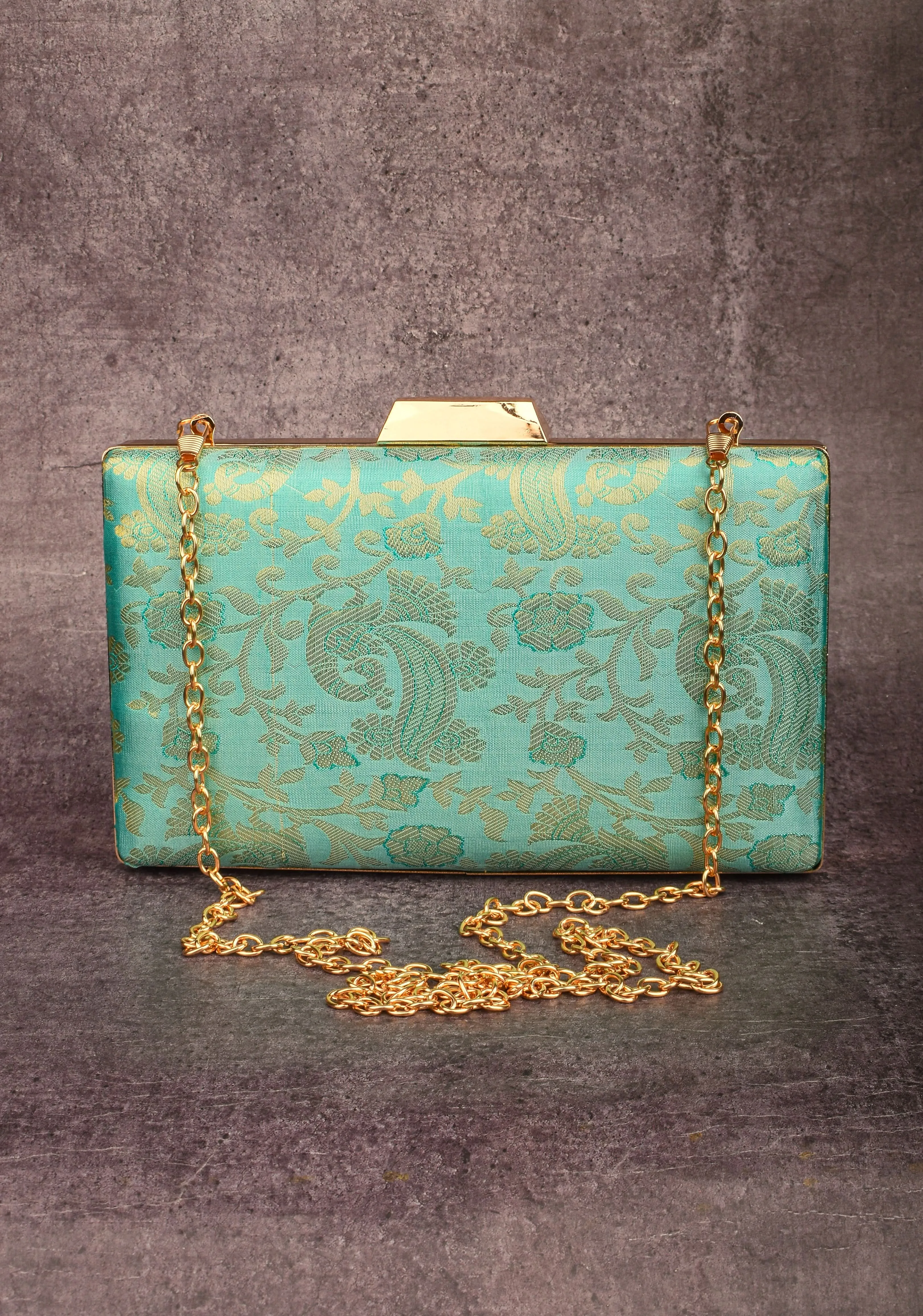 Teal 100% Pure Silk Brocade Kanjivaram Clutch with Jaal Pattern
