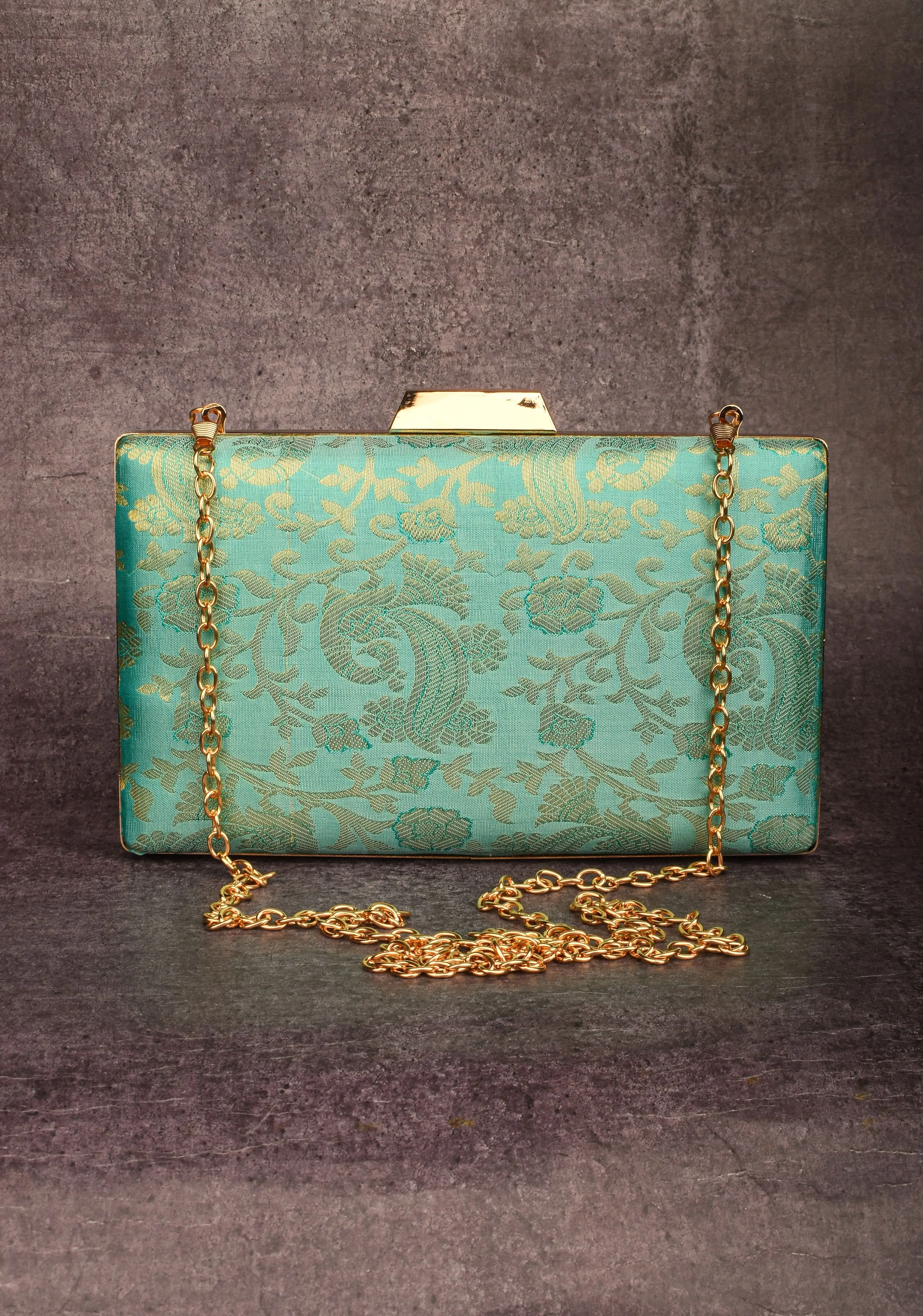 Teal 100% Pure Silk Brocade Kanjivaram Clutch with Jaal Pattern