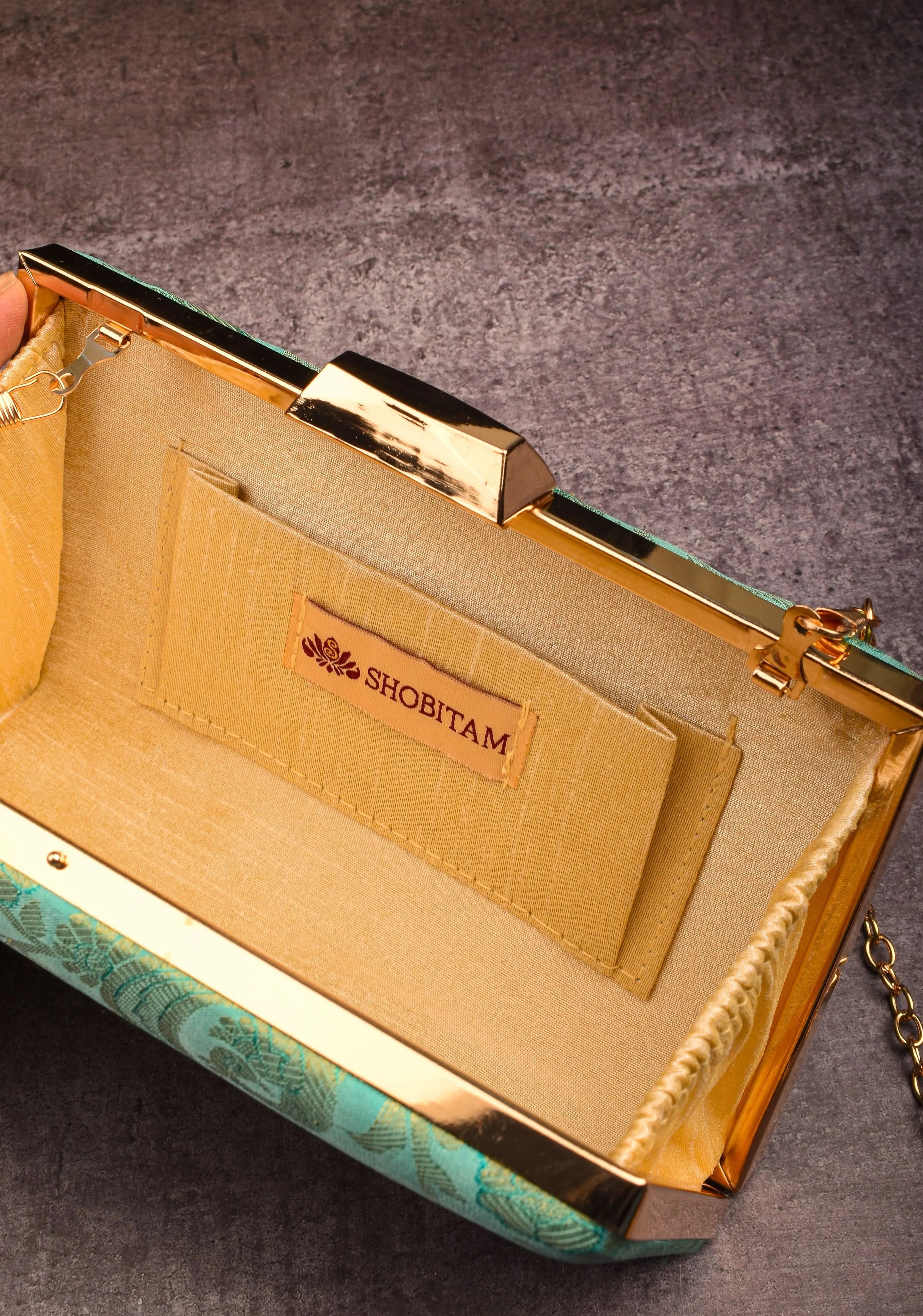 Teal 100% Pure Silk Brocade Kanjivaram Clutch with Jaal Pattern