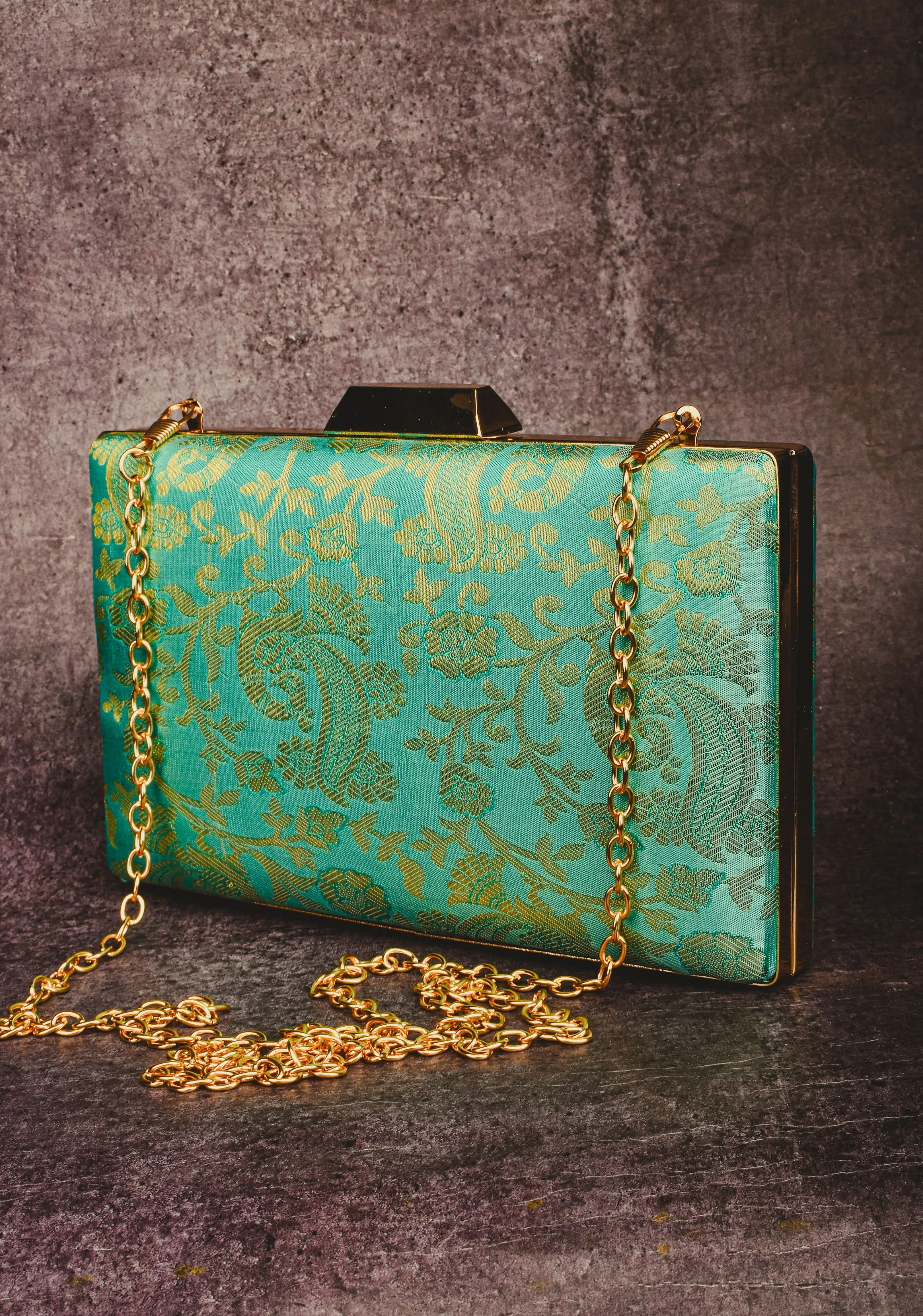 Teal 100% Pure Silk Brocade Kanjivaram Clutch with Jaal Pattern