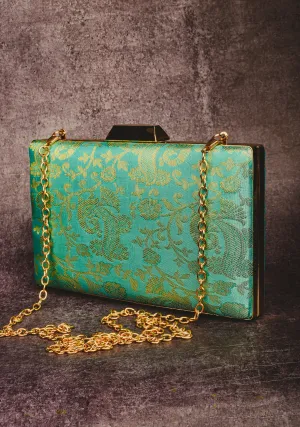 Teal 100% Pure Silk Brocade Kanjivaram Clutch with Jaal Pattern