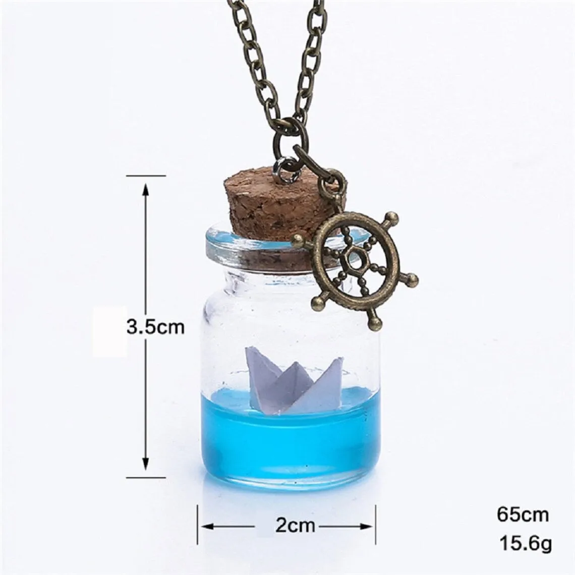 Unisex Sea Water Paper Boat Drifting Glass Wish Bottle Pendant & Anchor Necklace