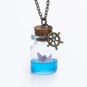 Unisex Sea Water Paper Boat Drifting Glass Wish Bottle Pendant & Anchor Necklace