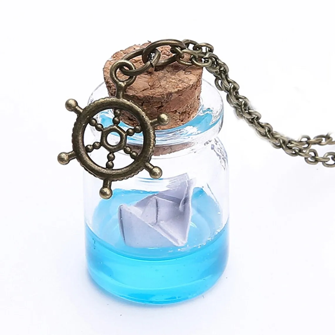 Unisex Sea Water Paper Boat Drifting Glass Wish Bottle Pendant & Anchor Necklace