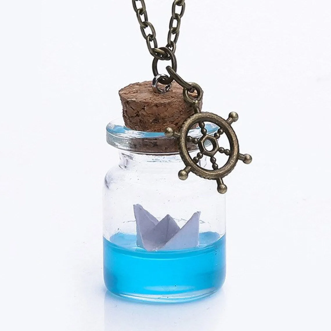 Unisex Sea Water Paper Boat Drifting Glass Wish Bottle Pendant & Anchor Necklace