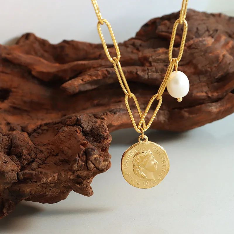Vintage Portrait Coin Pendant Pearl Charm Paperclip Necklace