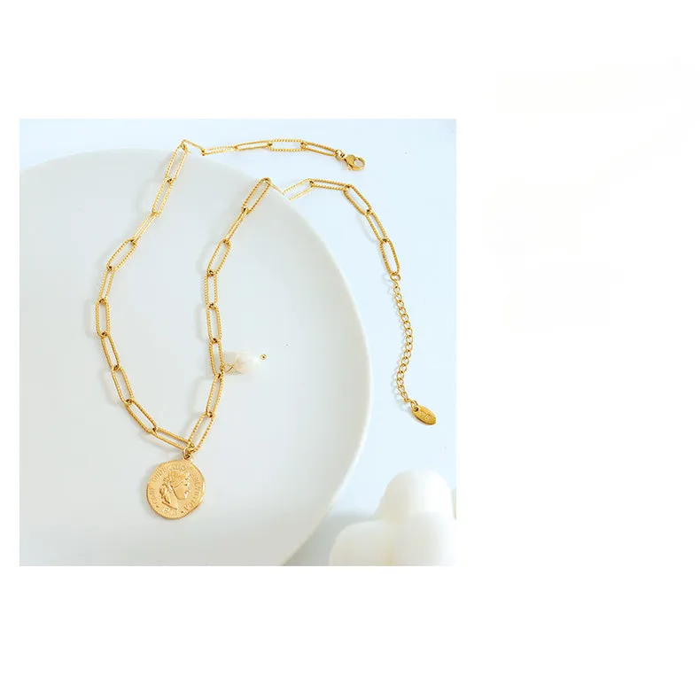 Vintage Portrait Coin Pendant Pearl Charm Paperclip Necklace