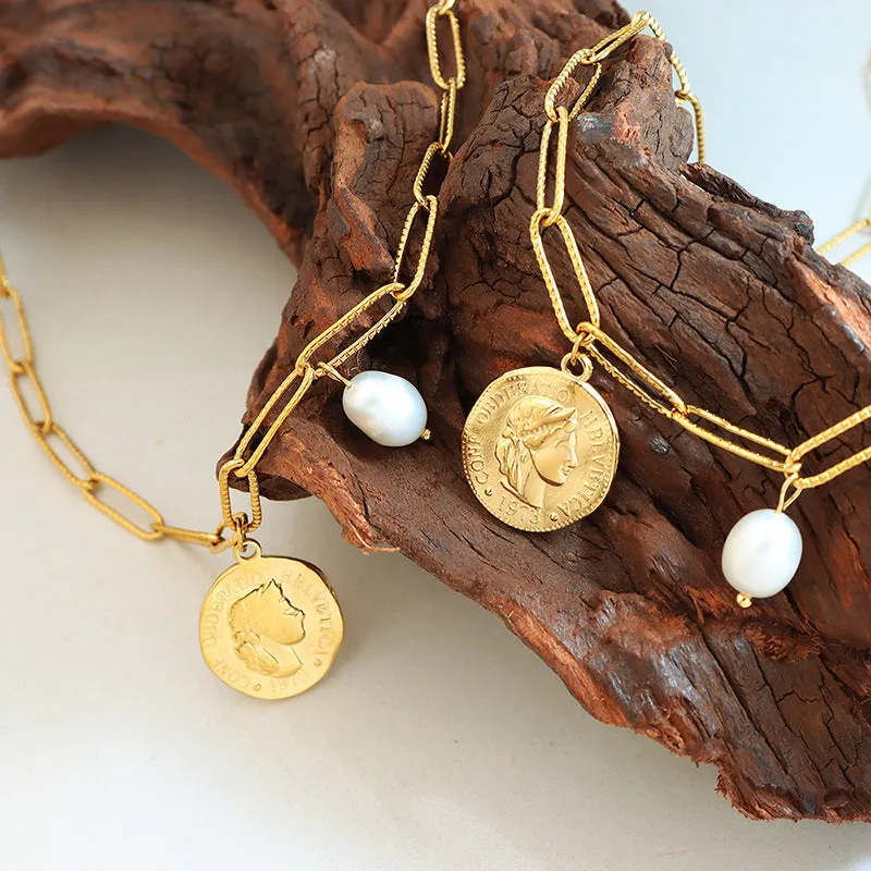 Vintage Portrait Coin Pendant Pearl Charm Paperclip Necklace