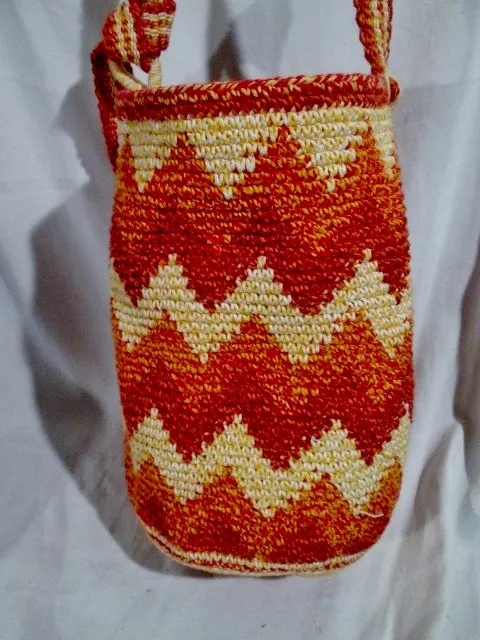 Woven Hobo Shoulder Bag Knit Vegan Handbag Purse Hippie Sling ZIGZAG STRIPE RED ORANGE